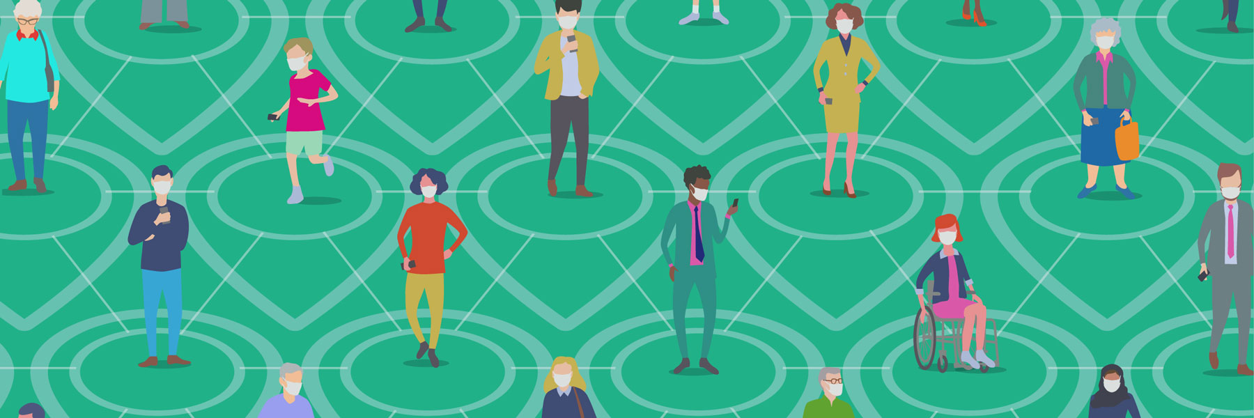 animation of different types of people wearing masks while social distancing