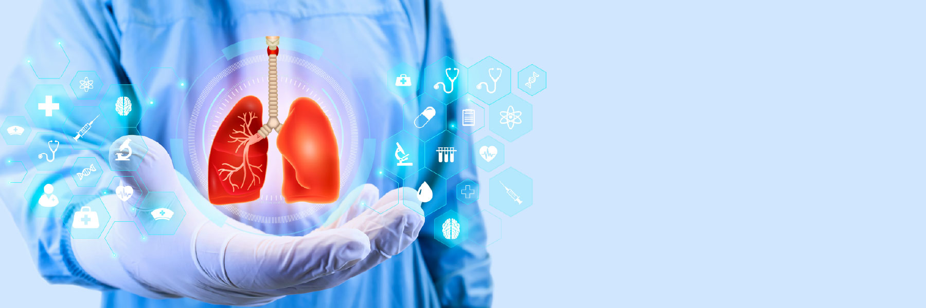 doctor wearing white gloves with digital image of lungs above outstretched hand